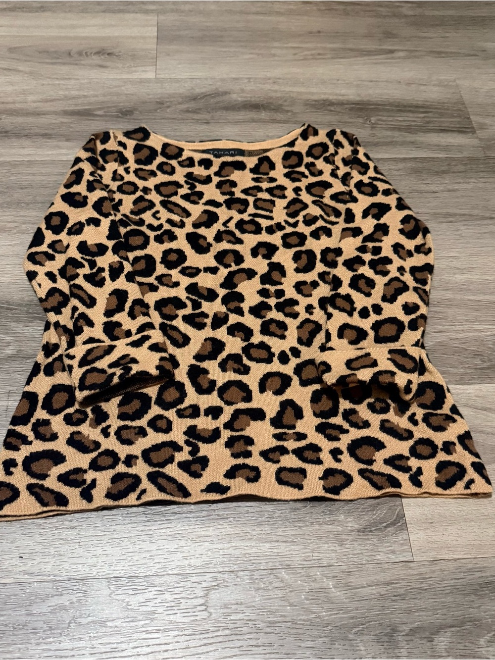 Tahari Leopard-Print Long Sleeve Knit Top in Tan and Black